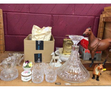 Royal Doulton ship's decanter, tumblers and other glassware including bird miniatures, carriage clock, Red Rum and Pentax P30