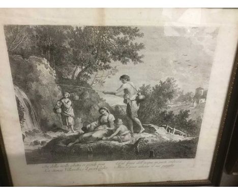 Set of four 18th century Zuccarelli engravings and other prints and pencil portrait
