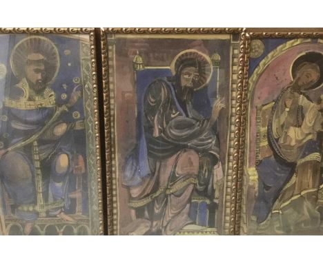 Series of three mixed media paintings R J Clement, designs for banners for Murder in the Cathedral by T S Eliot, each 46 x 22