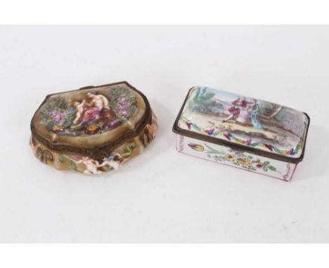 Two 19th century Naples style snuff boxes, including rectangular cushion form box decorated with an 18th century courtship sc