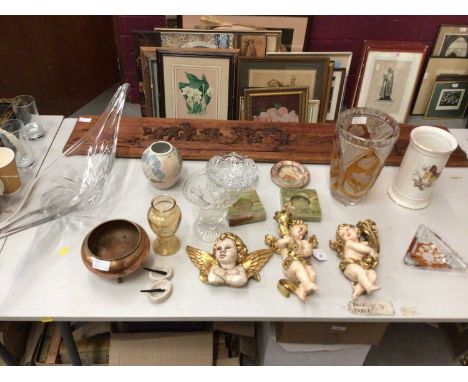 Sundry items, to include a large relief carved panel with farming scenes, three plaster putti, amber cut glass vase and ashtr