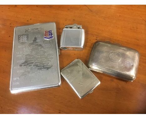 Silver cigarette case, advertising vesta cases another case and a lighter
