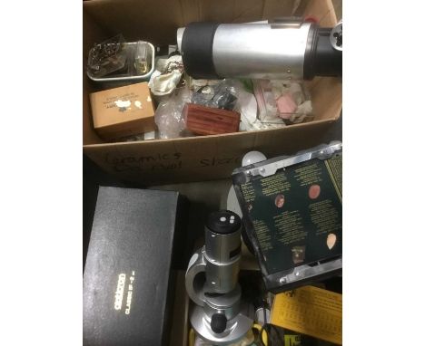 Collection of scientific instruments including camera equipment, telescopes, microscopes, wtach making and other items