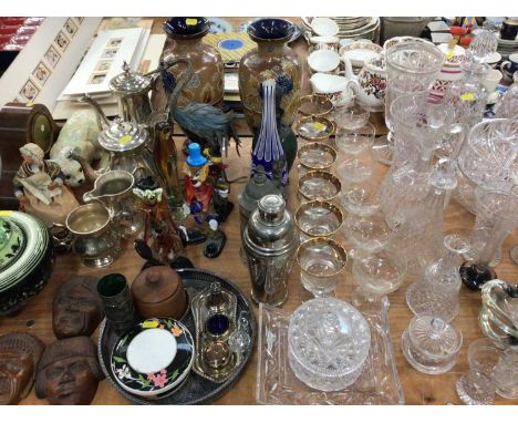 Pair Doulton Lambeth vases, various glassware, plated tea/coffee set, mantle clock and sundries including pictures