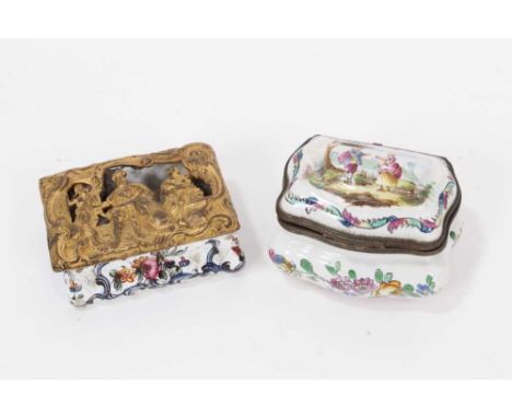 A Naples style snuff box, of bombe form, with 18th century courtship scene and floral sprays, 6.5cm wide and an enamel snuff 