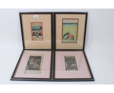 Group of four Indo-Persian hand painted manuscript leaves, each with figural scene and script panels, various sizes, all pres