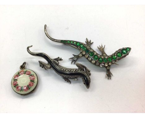 Silver and guilloche enamel locket, two silver lizard brooches, various wristwatches including Calvin Klein and other costume