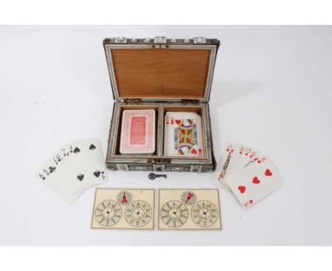 19th century Anglo Indian sandalwood and horn games box with domed lid, two compartments to interior with pair ivory card gam