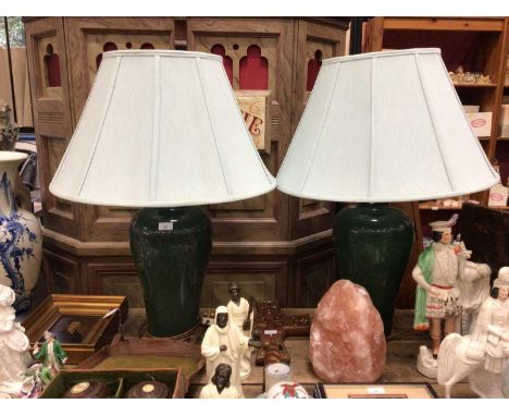 Pair of good quality table lamps with decorated green ostrich skin-type design, with light green shadesCondition report: Appr