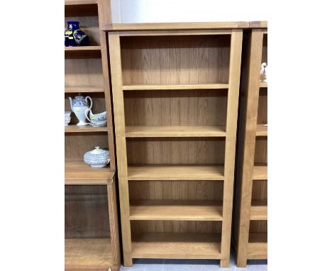 Pair of light oak open bookcases, 90cm wide, 30cm deep, 180cm high