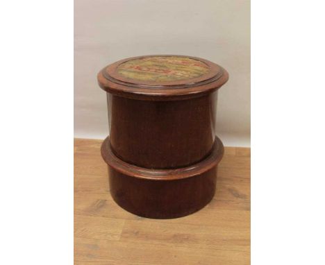 Victorian mahogany pedestal commode, with hinged carpet inset top enclosing ceramic pot, 41cm diameter x 45cm high