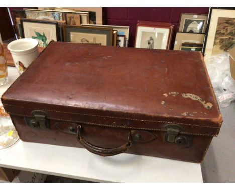 1930s leather valise, containing a print of a 13th century miniature and a framed certificate of merit dated 1916