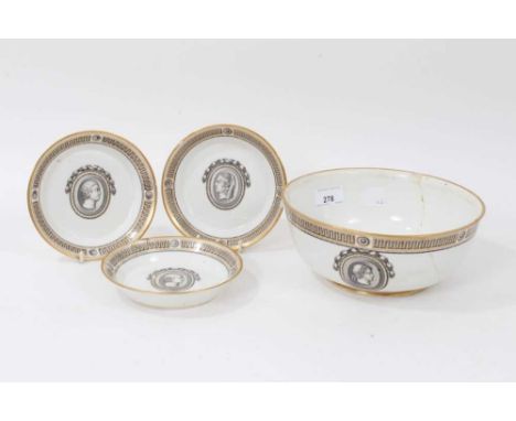 Three Vienna saucers and matching bowl, circa 1780, painted in Neoclassical style with portrait busts and Greek Key borders, 