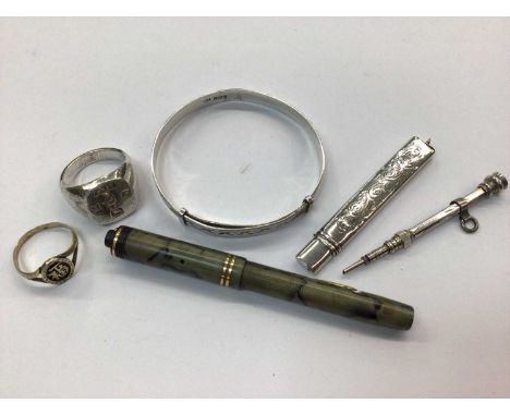 Silver signet ring, Chinese ring, silver bangle, two silver pencils and Conway Stewart small fountain pen