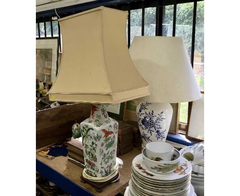 Chinese-style porcelain table lamp with shade and another blue and white pottery table lamp