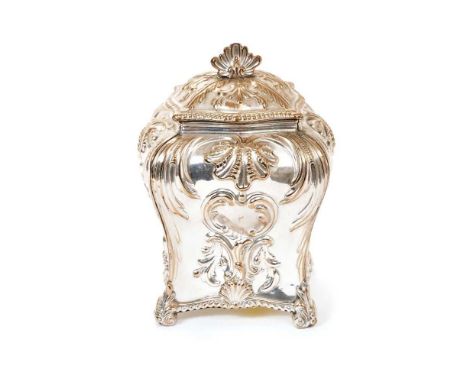 Late 18th century Old Sheffield Plate tea caddy of bombe form, with raised scroll, foliate and shell decoration, detachable d