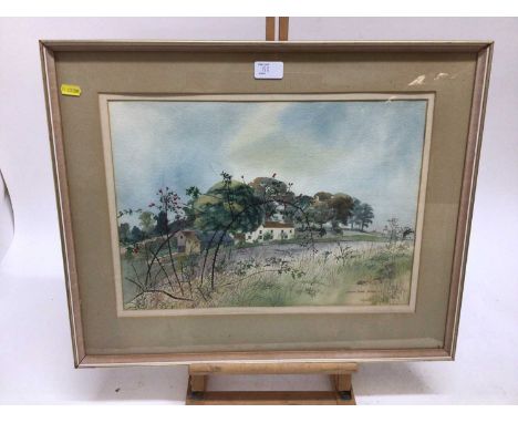 Andrew Dodds (1927-2004) two watercolours - East Anglian landscapes, together with a signed print of Pin Mill, each framed an