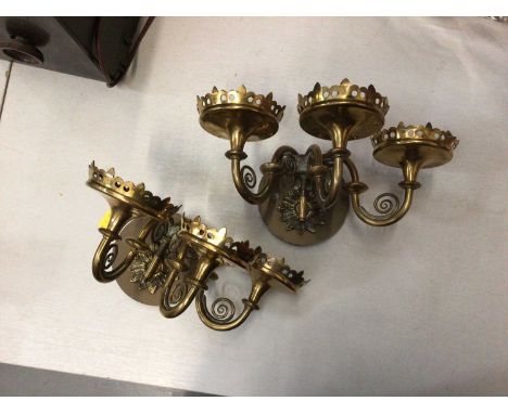 Pair of Victorian Gothic style brass wall light sconces