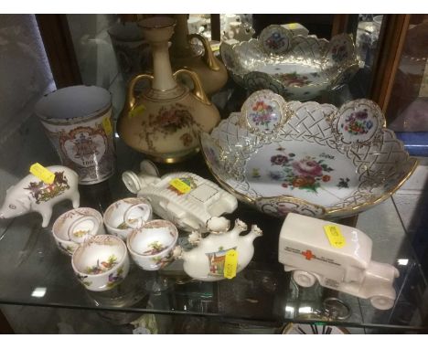 Small group of ceramics including Royal Worcester blush ivory vase, pair of Meissen salts, Meissen dish, other items 