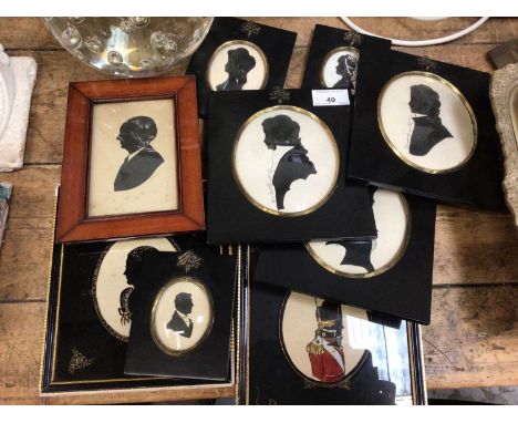 Group of nine portrait silhouettes, softly in gilt metal mounted ebonised frames