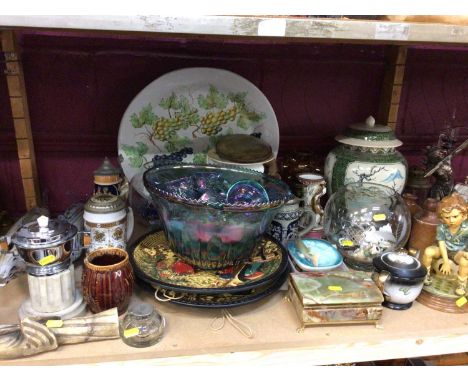 Carnival glass punch bowl, inkwell, steins, glass animals and sundries