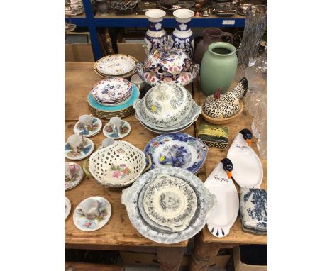 Quantity of ceramics including Victorian tureens, Meissen basket, cabinet cups and saucers and other decorative pieces