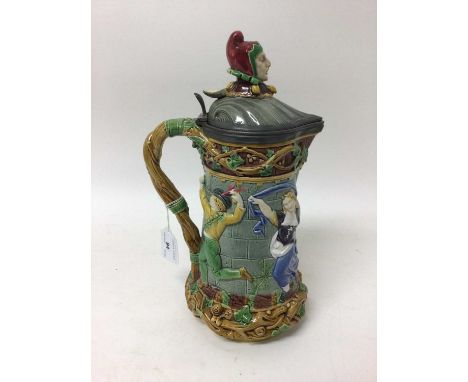 Victorian Minton Majolica 'Tower' jug, impressed marks for 1873, 33cm heightCondition report: The handle is reglued. Small ch