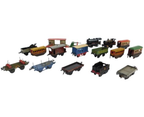 Various models, including Hornby Series flat truck with cable drum RS706, No. 1 petrol tank wagon, part locomotive rolling st