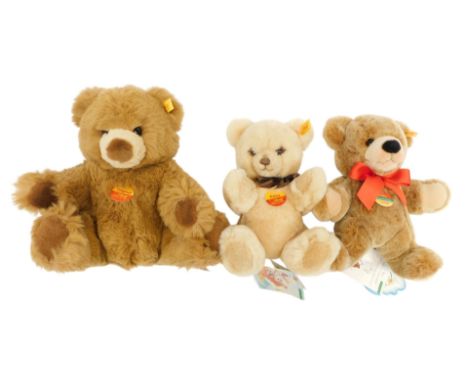 Steiff Junior Teddy bears, including Petsy, 28cm, Teddy bear MBI 2001, 24cm, and Cosy Friends Bobby, 24cm. (3)