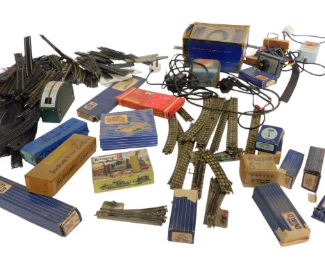 Hornby Dublo double and triple rail track, various accessories, controllers, etc.
