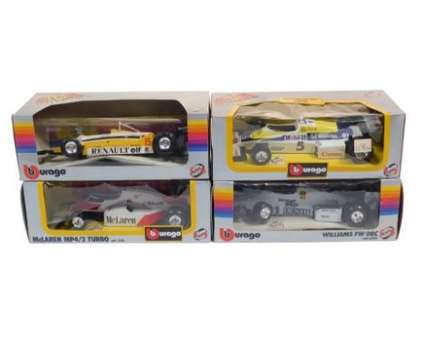 Burago diecast F1 cars, 1:24 scale, comprising a Renault RE30 Turbo, Williams FW08C Turbo, Williams FW08C, and a McLaren MP4/
