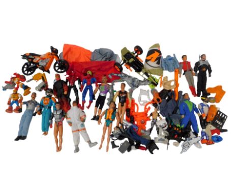 Various Action Man accessories and weapons, including a motorcycle, boat, wind surfer, missiles, etc. (1 box)