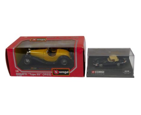A Burago Bugatti Type 55 and Corgi Classics Jaguar E Type Soft Top. (2)