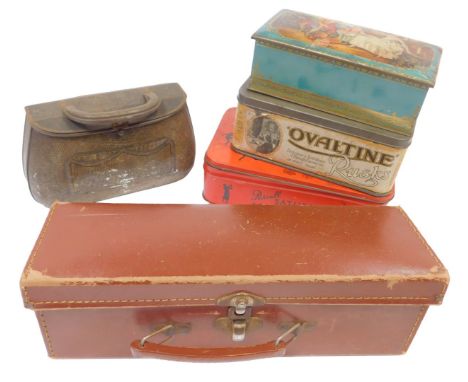 A biscuit tin in the form of a handbag, Ovaltine and other tins, and brown leather miniature case. (5)