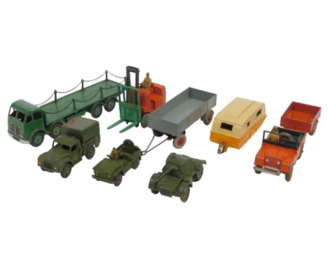 Dinky Toys, including Coventry Climax forklift truck, caravan, Land Rover and trailer, armoured car, etc. (1 tray)