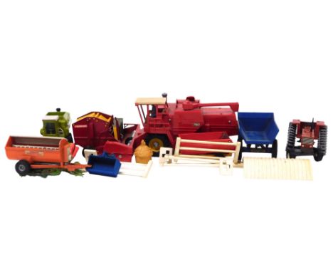 A Britains diecast Massey Ferguson Combine Harvester, round bailer, Class dominator, Fiat 880DT tractor and further farm-rela