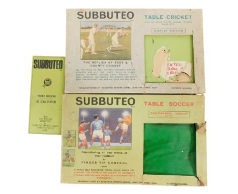 Subbuteo Table Soccer and Table Cricket, boxed, and a Subbuteo Table Soccer team in red, complete with goalkeeper, boxed. (3)
