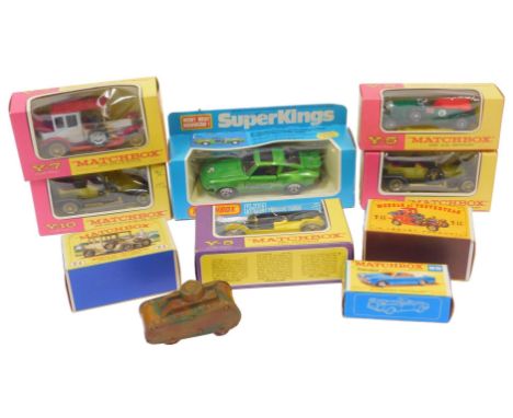 Matchbox diecast models, including Y-5 Bentley, Y-5 Peugeot, Y-7 Rolls Royce, Y-10 Rolls Royce (x2), K-70 Porsche Turbo, Y3 B