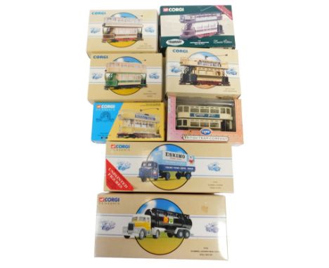 Corgi Classics boxed diecast, including a 97267 double deck tram Grimsby, 98151 open top tram South Metropolitan, 36601 Walla