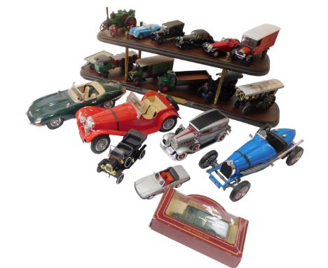 Various unboxed diecast, including a Burago E Type Jaguar, a Burago Bugatti Type 59, a Burago 1:18 scale Jaguar SS100, Anson 
