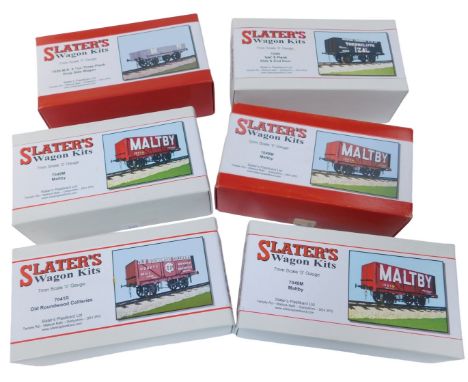Slater's O gauge wagon kits, including 7029 MR eight tonne three plank, 7045L ?? eight plank, 7049M Maltby (x3), and 7041R Ol