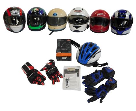Six motorcycle helmets, 1984 to 2015, bluetooth helmet comms, cycle helmet and motorcycle gloves.
