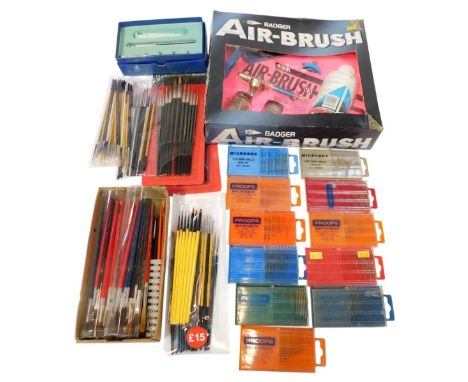 Various modelling tools, including a Badger airbrush, Proops micro box HSS twist drills, Crawford and Black watercolour brush