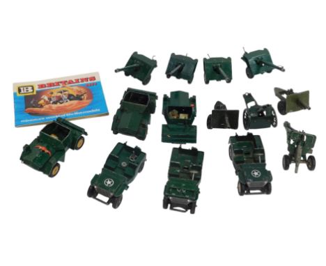 Britains diecast military vehicles, including the Daimler mark 2 scout car, Britains Jeep, artillery guns, etc. (1 box)