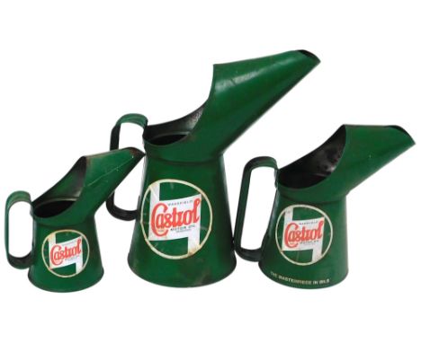 Three Castrol graduated green metal oil cans, largest can 26cm high. 