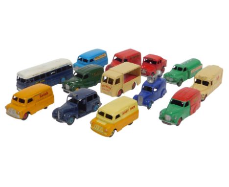 Dinky Toys diecast vans, including Daimler, Austin van, Austin van Raleigh Cycles, tanker, BOAC bus, Trojan Dunlop The World'