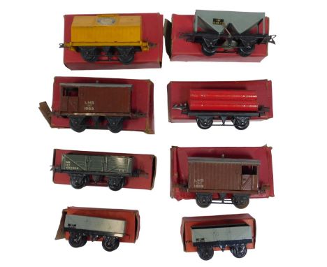 Hornby Trains O gauge tinplate boxed rolling stock, including cement wagon, LMS goods brake van, number 1 wagon, goods brake 