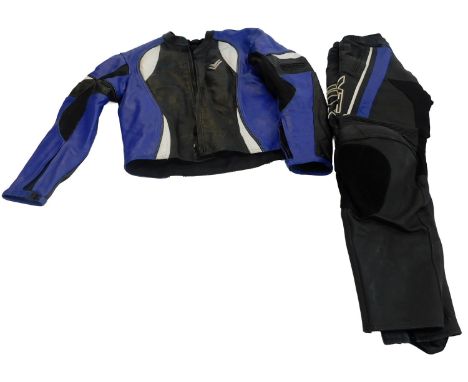A Frank Thomas two piece set of motorcycle leathers, in blue. 
