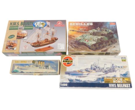Airfix, Academy and other model kits, including an Airfix A50069 1:600 scale HMS Belfast, an Academy TA989 1:35 scale 1392 Br