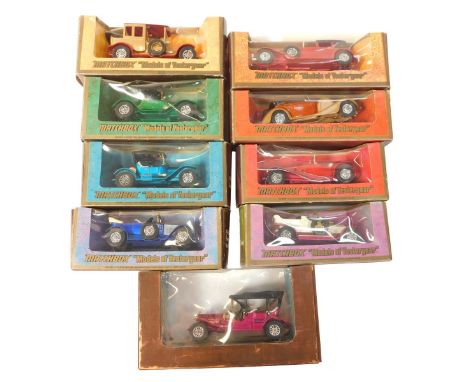 Matchbox Models of Yesteryear boxed diecast, including Y10 1906 Silver Ghost, Y6 1913 Cadillac, Y8 1914 Struts Roadster, Y11 